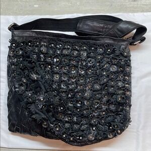 Black Leather Shoulder Bag Floral Applique Studded Fringe Crossbody